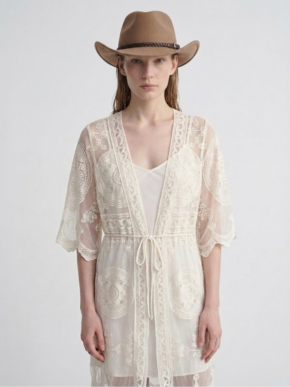 SHEIN White Sheer Lace Kimono Cover-Up